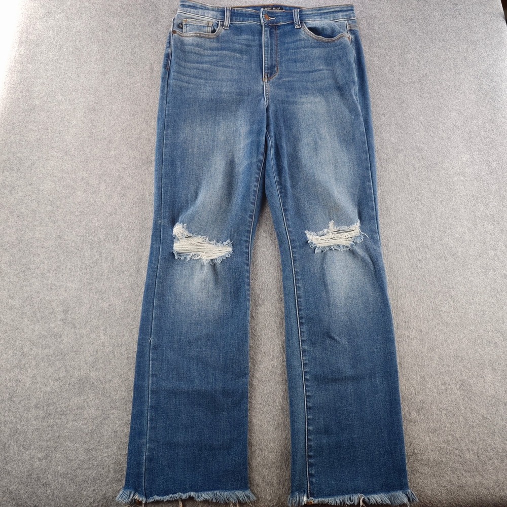 Judy Blue Straight Fit Jeans Womens 15/32 Blue Distressed Frayed Hem Denim